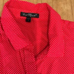 Red and white polka dot button up top